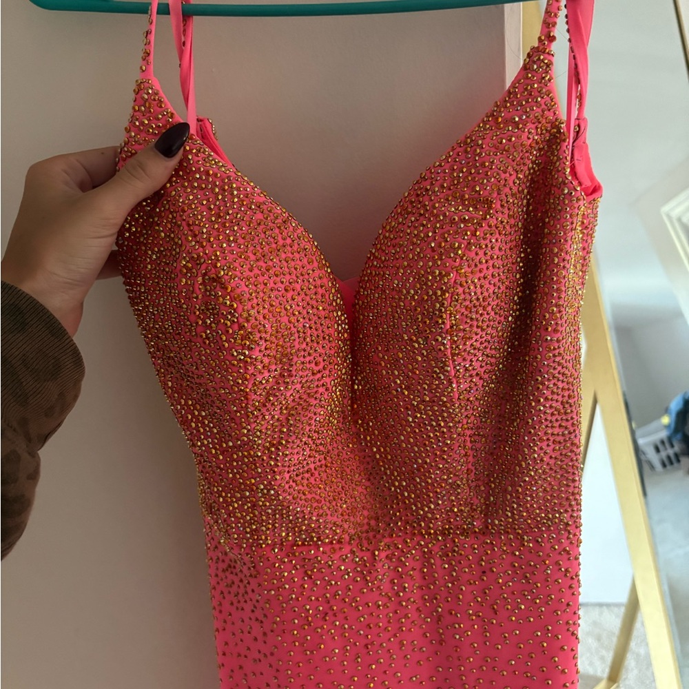 Portia and Scarlett Pink and Gold Embellished Prom Dress